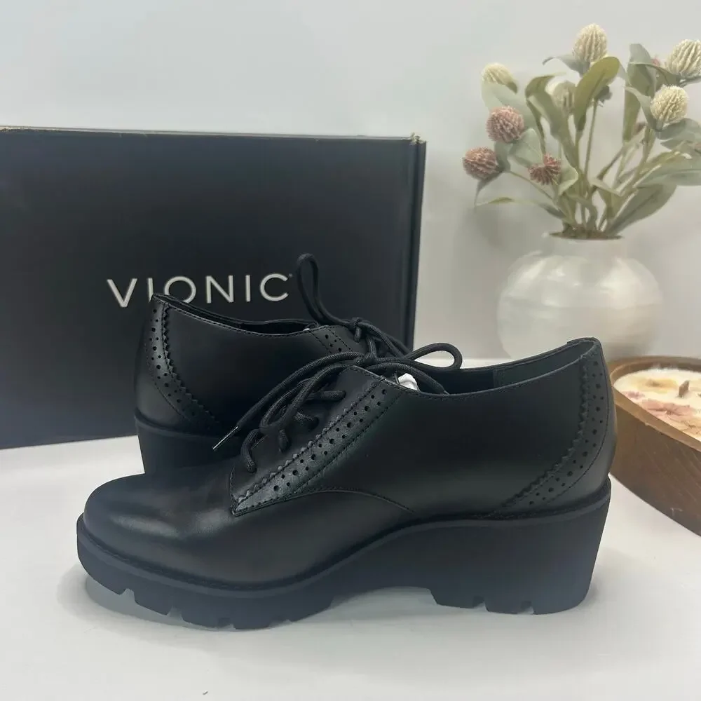 Vionic Anaheim Leather Lace Up Chunky Wedge Derby Loafer Black Women's 6.5M NWB
